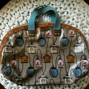 Fossil Gray Tote with Birdcage Print and Blue Handles